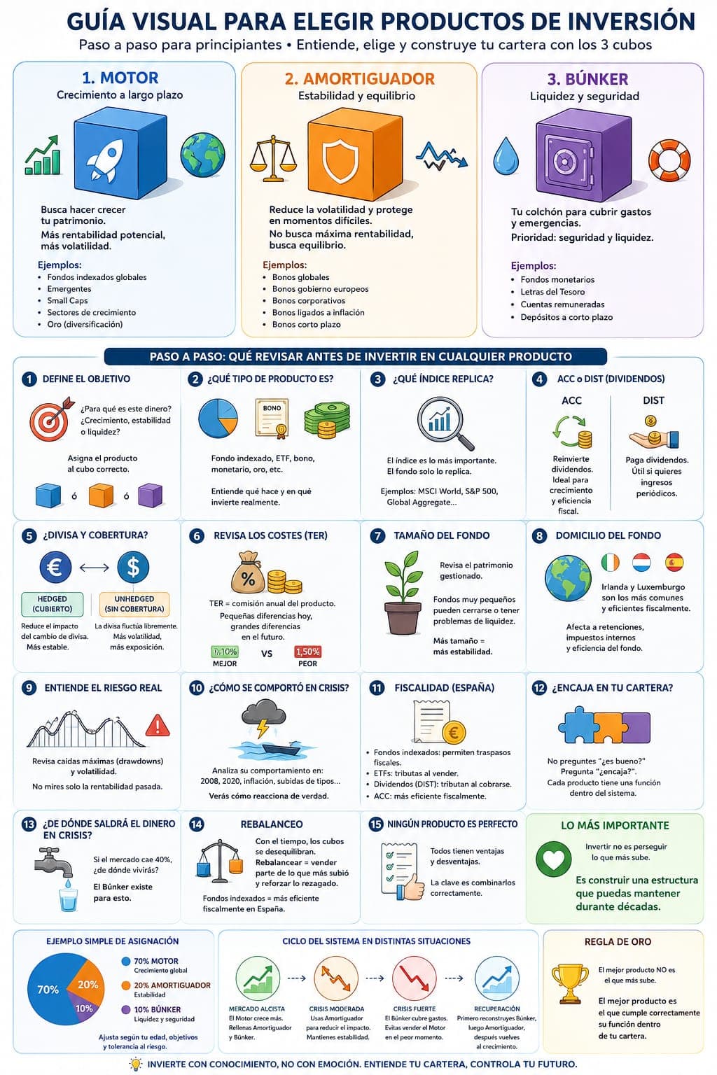 Guía visual paso a paso para elegir productos de inversión: índice, ACC/DIST, costes, tamaño, domicilio, riesgo y fiscalidad.