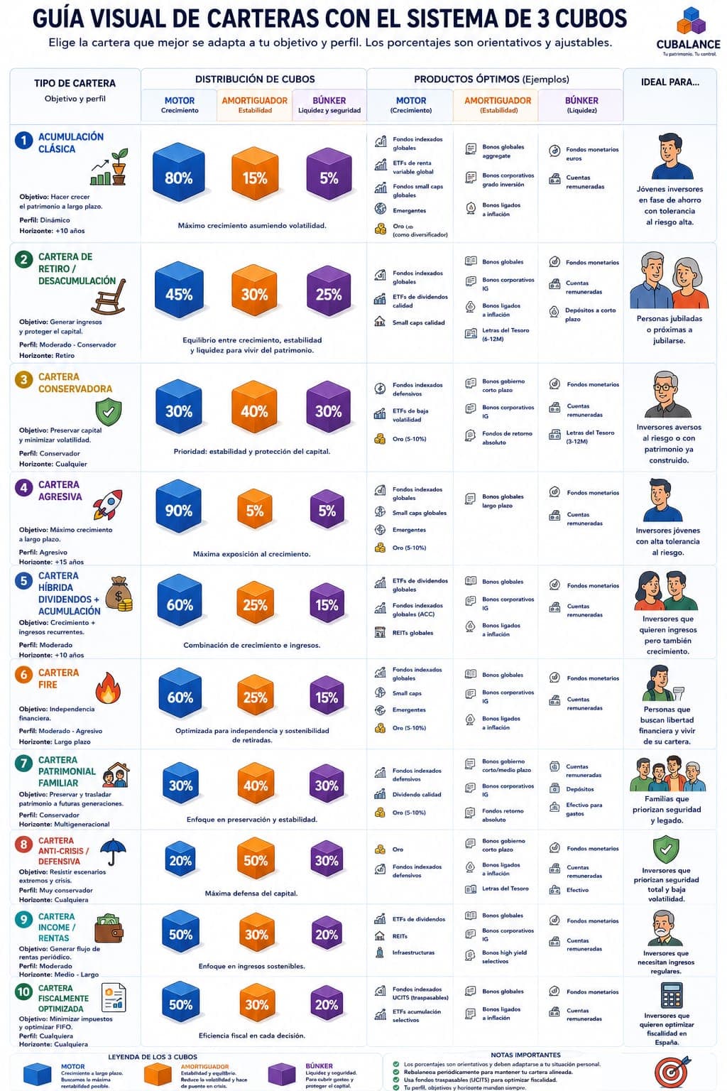Guía visual de carteras con el sistema de 3 cubos: 10 arquetipos con su reparto y productos de ejemplo.